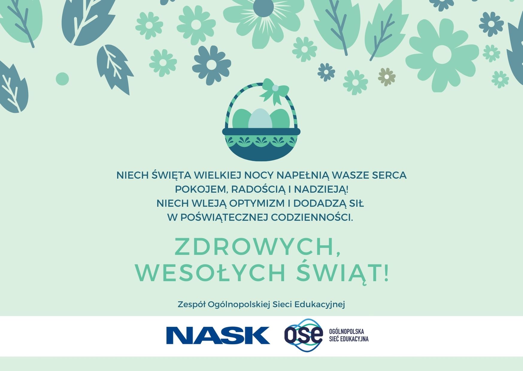 Kartak z wielkanocnymi życzeniami, przedstawia wiosenne kwisty i wielkanocny koszyczek z pisankami